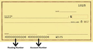 image of check showing example routing and account number