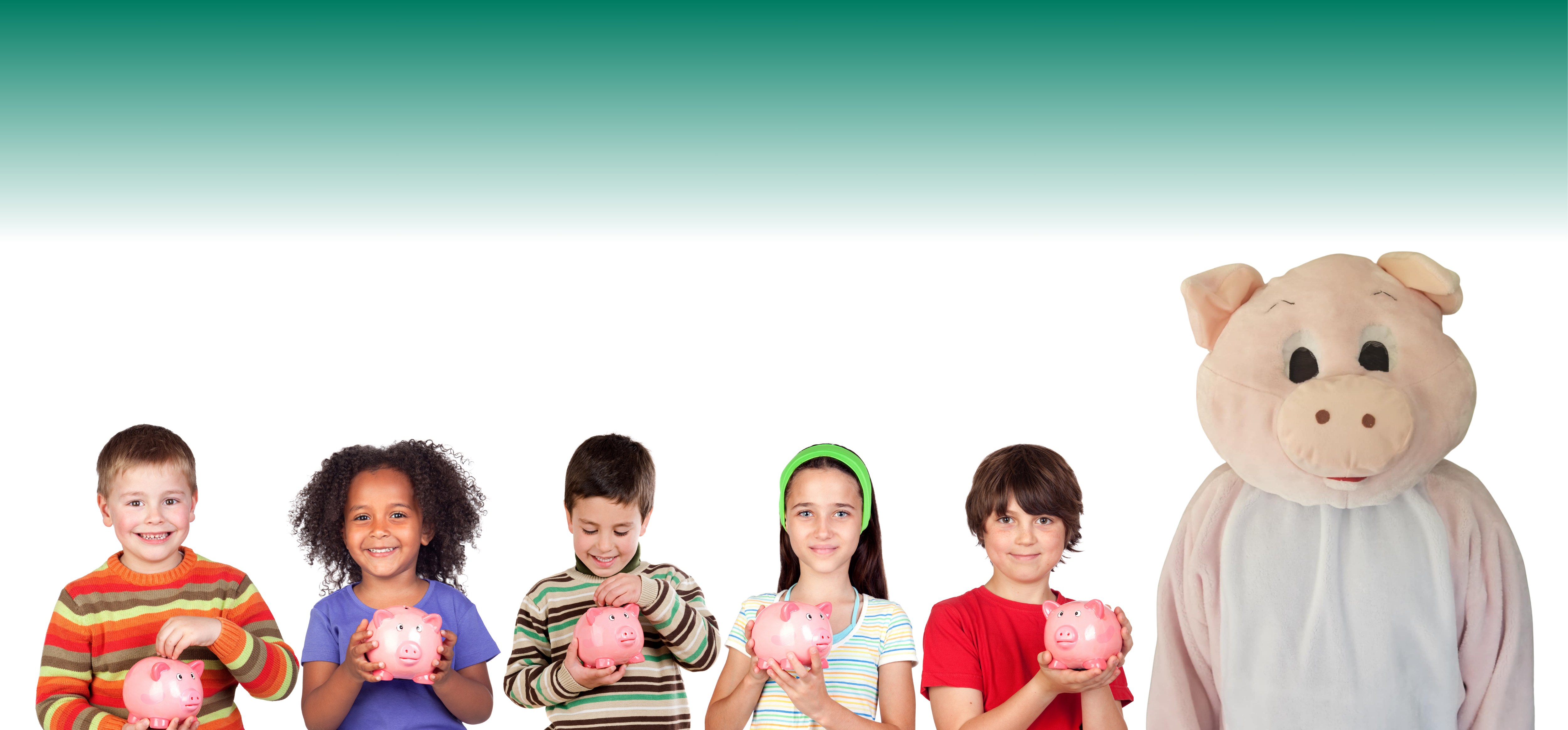 Kids holding piggy banks and Prentice Piggy in front of a green and white gradient background